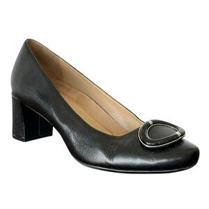 NATURALIZER Kyran Block Heel Leather Pumps in Black Oval Vamp Detail Size 8.5